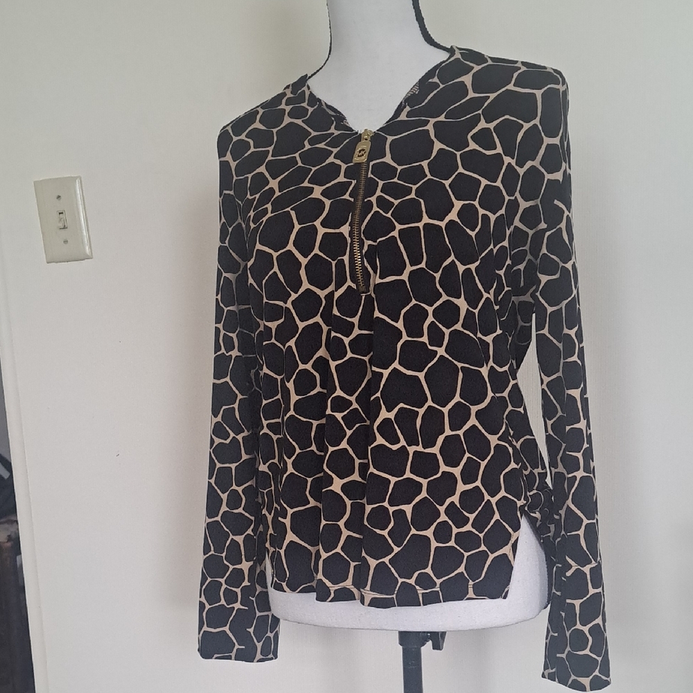 MICHAEL Michael Kors Giraffe-Print Zip Front Long Sleeve Top - Black & Tan